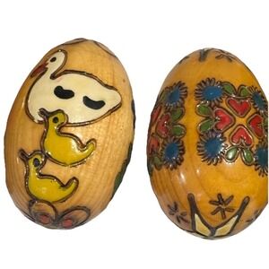 2 Vtg Hand Etched & Painted Flower Glazed Wood Egg Birds & Hearts  2 1/2"